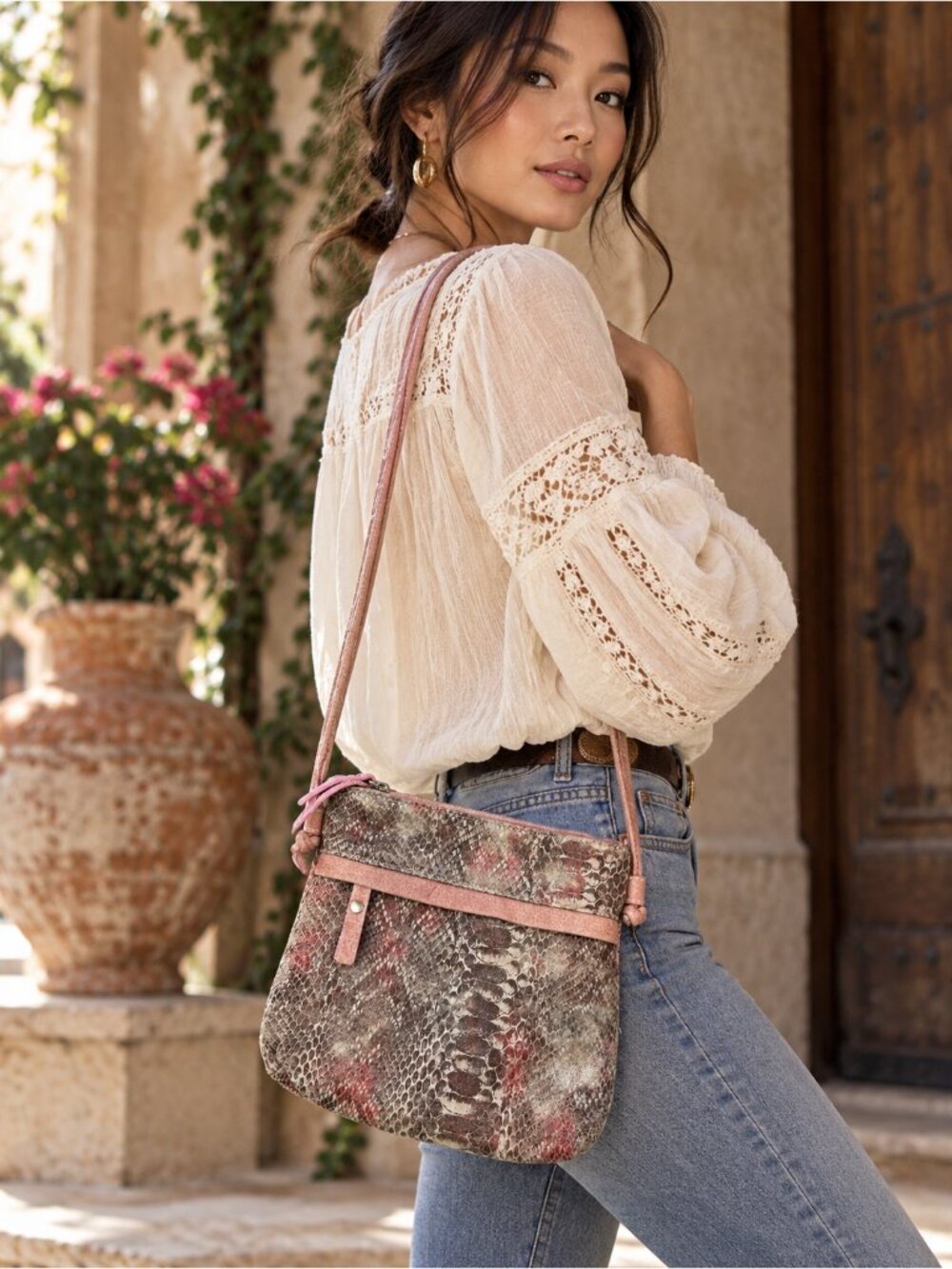 Pietro Alessandro Pink Leather Metallic Snakeskin Print Crossbody Bag Y2K